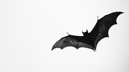 Fototapeta premium Black bat in mid-flight with expansive wings against a crisp white background, perfect for Halloween decorations and themes.