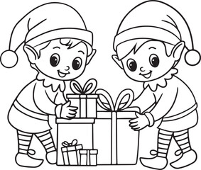 Two cute Christmas elves packing gifts vector silhouette illustration