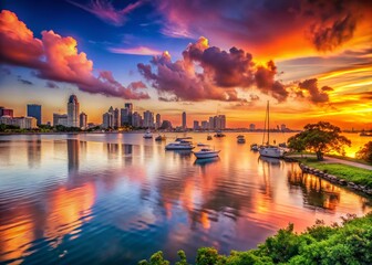 Naklejka premium Scenic View of the City Bay at Sunset with Vibrant Reflections on the Water, Ideal for Travel and Urban Photography Projects