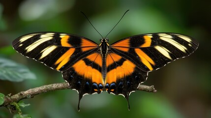 Naklejka premium Tiger Longwing butterfly displaying vibrant orange and black wings, perched gracefully on a branch surrounded by lush green foliage.