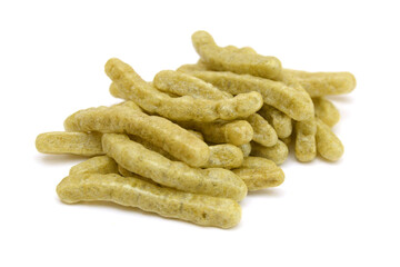 Naturally Baked Veggie Straws Made From Tomatoes, Spinach and Potatoes on white background