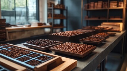 Textured cocoa beans arranged artistically in a chocolate production space, highlighting their rich color and the craftsmanship involved in chocolate making.