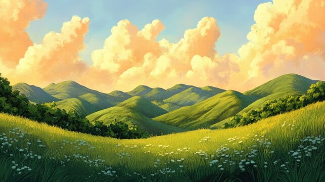Lush green rolling hills under a vibrant sky filled with fluffy clouds, bathed in a soft, warm glow that enhances the serene landscape.