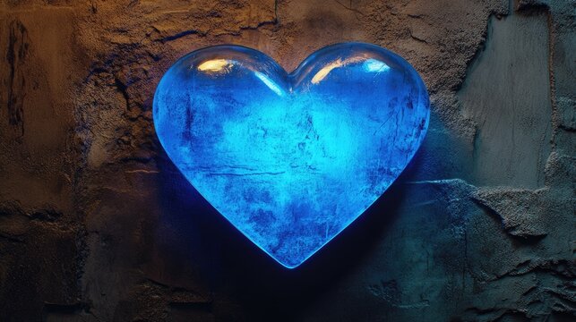 Glowing blue heart-shaped light against a textured muted background designed for romantic greeting cards with a space for personalized text.