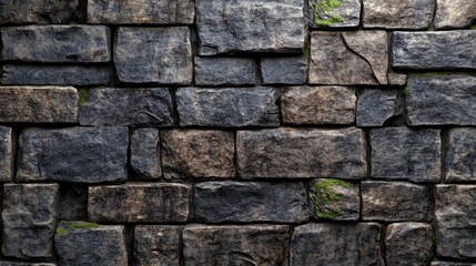 Obraz premium Textured stone wall with moss accents providing a rustic background, ideal for adding custom text or creative designs.