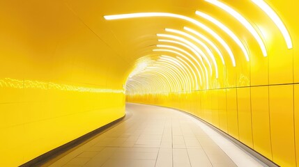 Futuristic curved tunnel with bright yellow and white illumination, creating a sleek, modern...