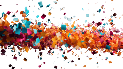 A burst of vibrant confetti fills the white canvas, capturing a joyous celebration filled with vivid energy, isolated on transparent background.