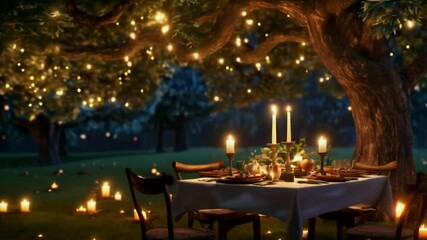 A romantic outdoor dinner setting with candles and fairy lights under a tree.