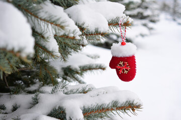 a red ornament in the shape of the mitten hangs on a tree with snow on it