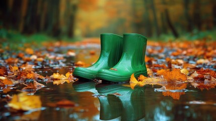 Vibrant green rain boots stand in a puddle, reflecting autumn leaves and rich forest colors, capturing the essence of a whimsical fall day.