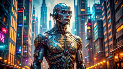 A humanoid robot covered in binary tattoos, standing in a futuristic urban setting