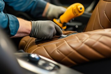 Craftsman Detailing Brown Leather Car Upholstery - Expert craftsman meticulously works on brown leather car upholstery, showcasing precision, craftsmanship, automotive detailing, luxury, and high-qual