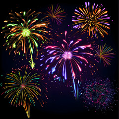 Set of colorful fireworks on a transparent background, vector illustration. PNG file with white and black background