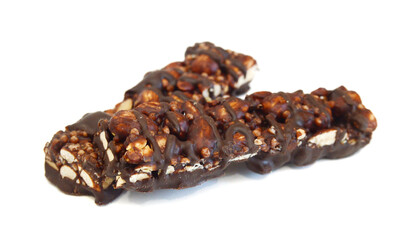 Stack chocolate chip with peanuts protein bars isolated on a white background.