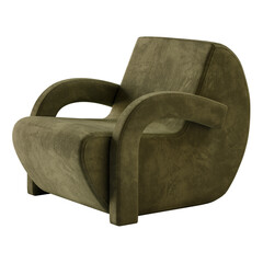 A green chair with a curved back and a patterned seat