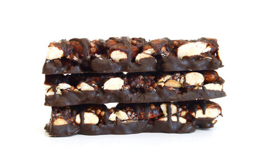 Stack chocolate chip with peanuts protein bars isolated on a white background.