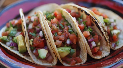 A plate of tacos filled with fresh salsa and avocado, showcasing vibrant colors and textures. © kenshin