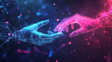 data connections and a virtual graphic interface of technology, Science and artificial technology, Robot and human hands touch big data of global network communication technology abstract background.