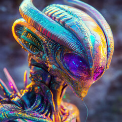 a creature of extraterrestrial origin, resembling an alien with bright, iridescent metallic hues on its body.  