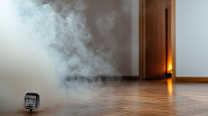  evacuation response fire alarm.  A timer rests on a wooden floor, surrounded by smoke, with a dimly lit doorway in the background, suggesting urgency or a timed event.