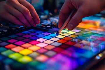 Fototapeta premium Designer Selecting Vibrant Colors from Palette - Hands choosing colors, vibrant palette, creative process, design, artistry. Stock photo of color selection.