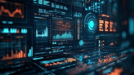 Fototapeta premium Digital Data Analysis Visualization - Data analysis, digital workspace, information technology, business intelligence, futuristic technology. Visual representation of complex data sets.