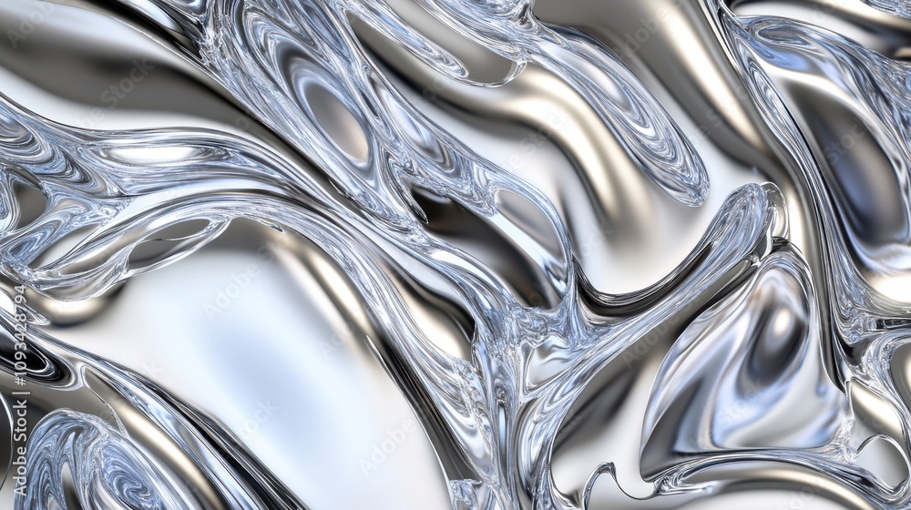 Poster fluid silver waves create a mesmerizing abstract pattern with glossy reflections and smooth curves.