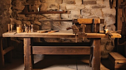 A rustic workbench with hammers and chisels, evoking a timeless artisanal atmosphere in a stone-walled workshop.