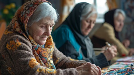 Obraz premium Elderly Women Engaged in Embroidery - Skillful elderly women meticulously embroidering, showcasing artistry, patience, tradition, and community.