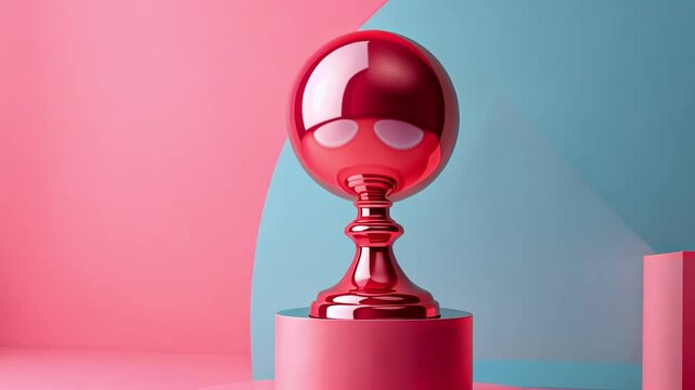 A shiny red trophy is prominently displayed on a circular pedestal, set against a contrasting pastel blue and pink backdrop, creating a striking visual for a milestone event.