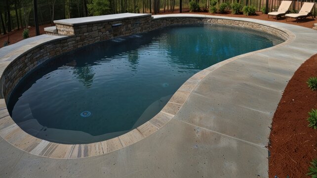Kidney-shaped pool with stonework, water feature, and surrounding landscaping.