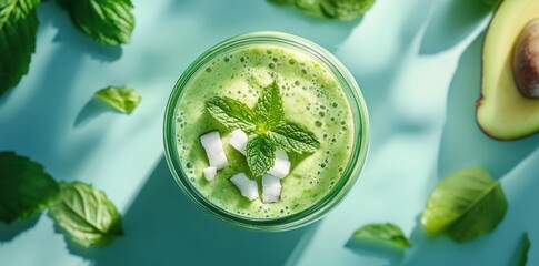 Obraz premium Refreshing Green Smoothie in a Glass Jar with Mint Leaves and Coconut Chunks on a Light Blue Background, Ideal for Healthy Living and Nutrition Purposes