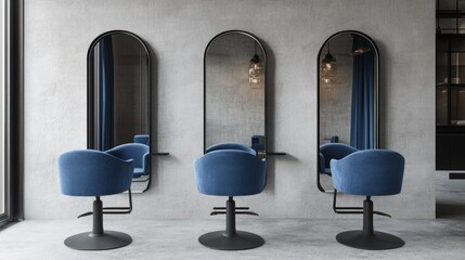 Modern Hair Salon Interior Design With Blue Chairs and Mirrors