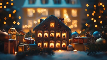 Obraz premium Close-up of opened windows on an advent calendar surrounded by holiday props with cheerful bright lighting