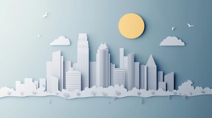 Fototapeta premium Cityscape Skyline in Layered Paper Style Showcasing Minimalistic Artistry During Daylight