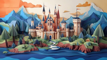 Intricate Paper Cut Castle Surrounded by Vibrant Landscapes and Mountains in a Fantasy Setting
