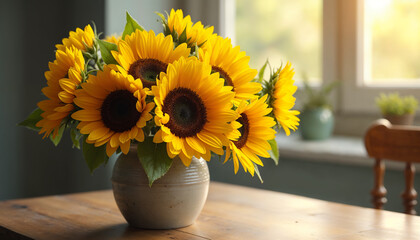 sunflowers in a vase on the table