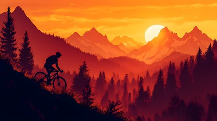 Fototapeta premium Mountain biker riding at sunset rocky mountains digital art outdoor adventure scenic view nature's beauty