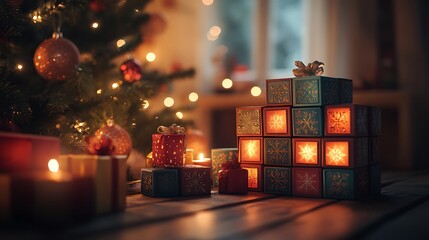 Advent calendar styled with open windows placed near a softly glowing Christmas tree and vibrant festive tones