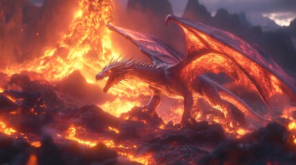 Epic volcano eruption in a fantasy realm featuring a fiery dragon digital art dramatic landscape mythical concept
