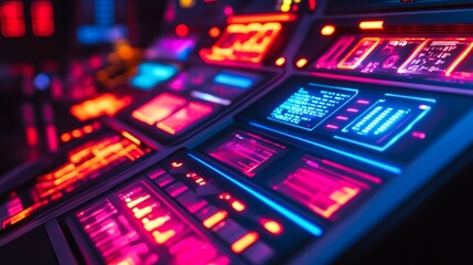 Obraz premium Futuristic Control Panel with Glowing Screens - Sci-fi interface, vibrant neon lights, digital technology, advanced controls, futuristic dashboard.