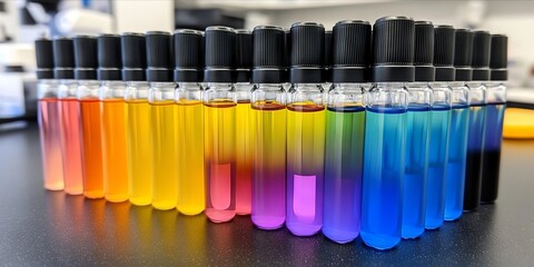 Fototapeta premium A row of test tubes filled with different colored liquids on a table