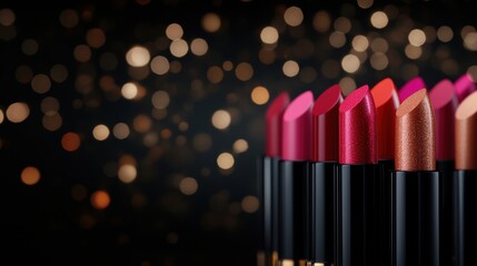 Vibrant Luxury Lipstick Shades Arranged in a Row Against a Blurred Background with Soft Golden Bokeh Lights for Beauty and Fashion Inspiration