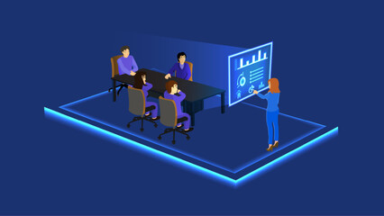 A female leader is giving a technology presentation to her subordinates.