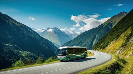 A high-speed bus zips through a winding mountain road, surrounded by lush greenery and majestic peaks, symbolizing travel and adventure.