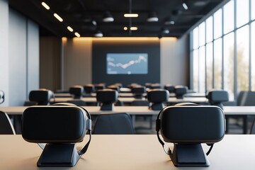 Modern VR Training Session: rows of VR headsets sit on desks in a contemporary, well-lit office space, ready for an immersive training session. The large screen displays financial data.