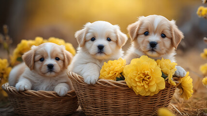cute puppies in a straw basket