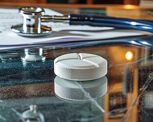 White pill on glass table with medical documents and stethoscope for a professional atmosphere