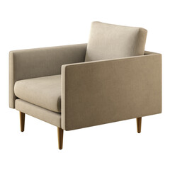 A tan chair with wooden legs sits on a white background