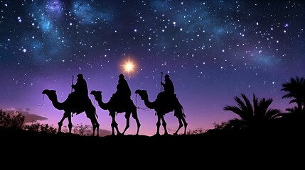 Three Wise Men Silhouette Against Starry Night, camels, guiding, star, journey